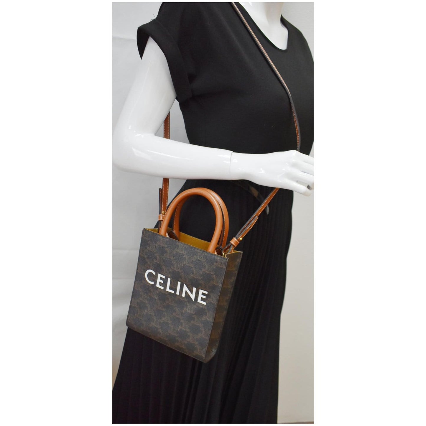 CELINE Triomphe Vertical Cabas Small Calfskin Canvas Shoulder Bag Tan