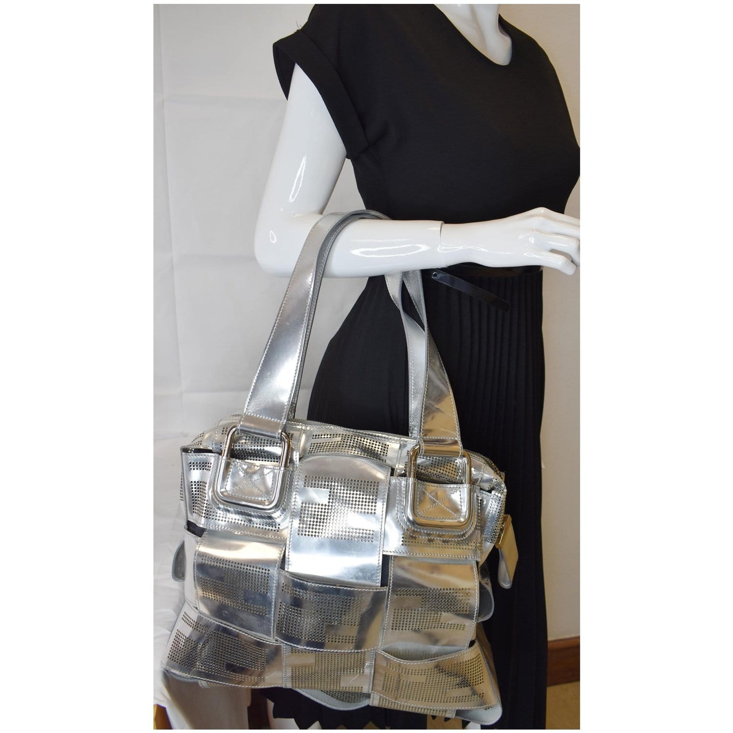 FENDI Crossword Metallic Perforated Leather Shoulder Bag Silver