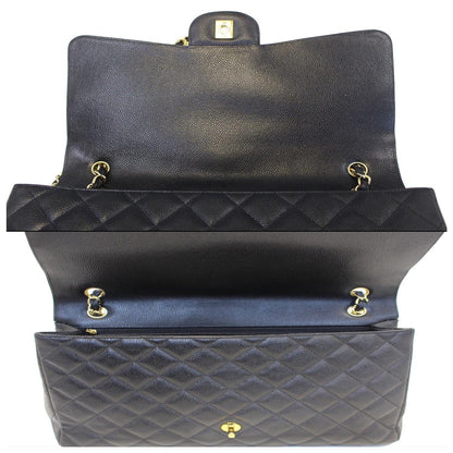 CHANEL Maxi Jumbo Classic Flap Caviar Leather Shoulder Bag Black