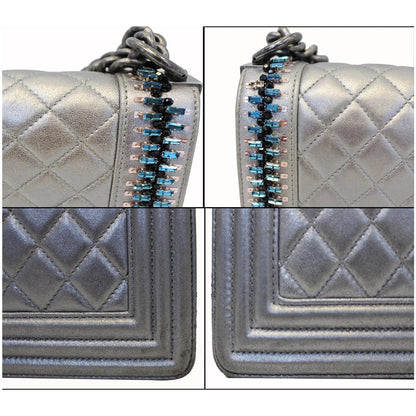 CHANEL Boy Medium Lambskin Leather Embroidered Shoulder Bag Silver - Last Call