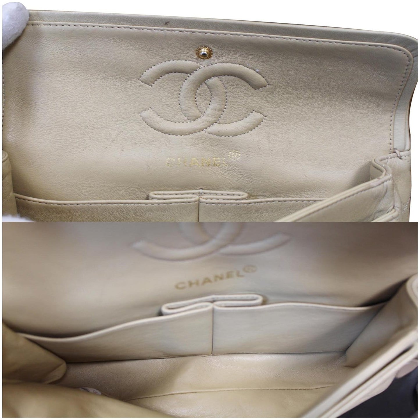 CHANEL CC Double Flap Calfskin Leather Chain Shoulder Bag Beige