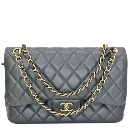 CHANEL Classic Jumbo Double Flap Lambskin Leather Shoulder Bag Grey