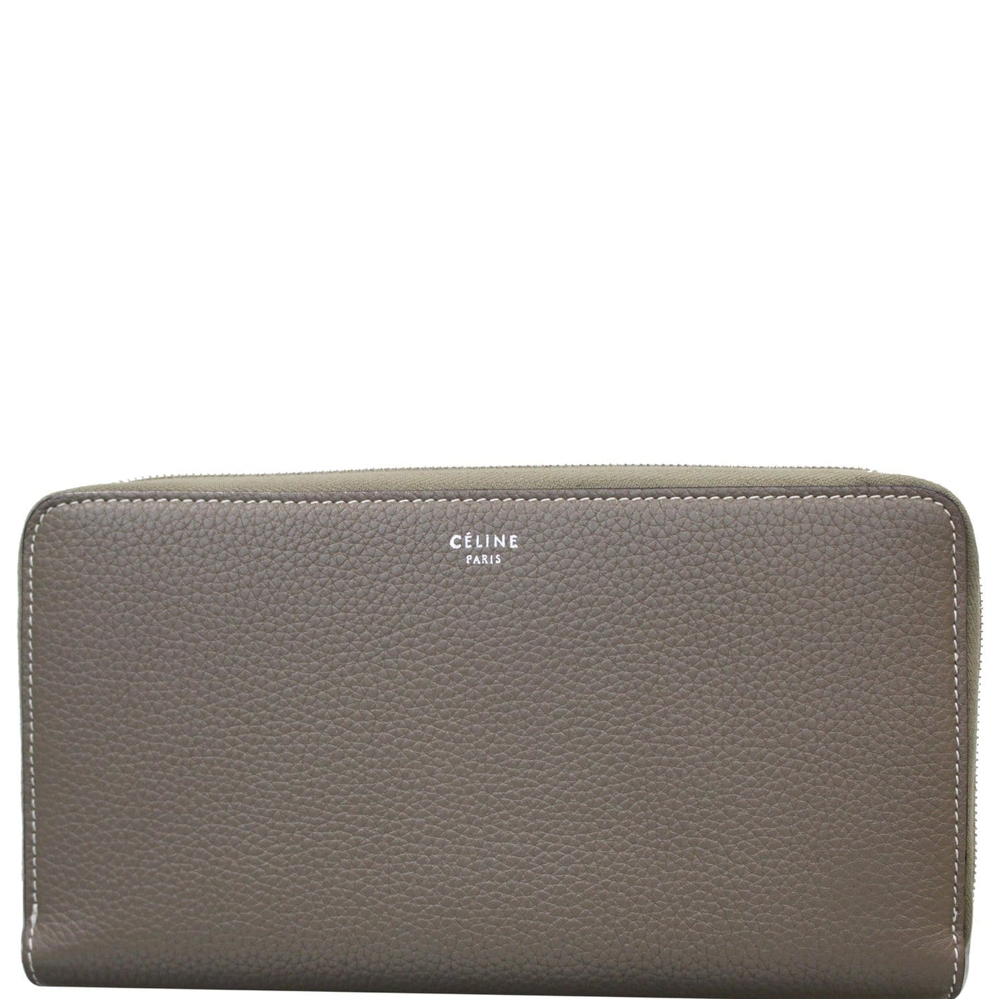 CELINE Large Zip Around Multifunction Drummed Calfskin Wallet Taupe Grey