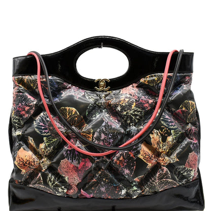 CHANEL 31 Large Leaves Printed Leather Shopping Shoulder Bag Black