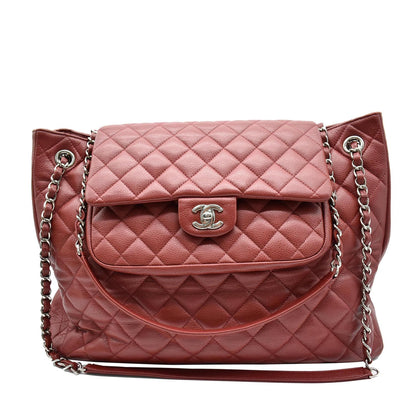 CHANEL Front Flap Pocket Quilted Caviar Leather Tote Shoulder Bag Red- 20% OFF