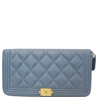 CHANEL Small Boy Long Caviar Leather Zip Around Wallet Blue