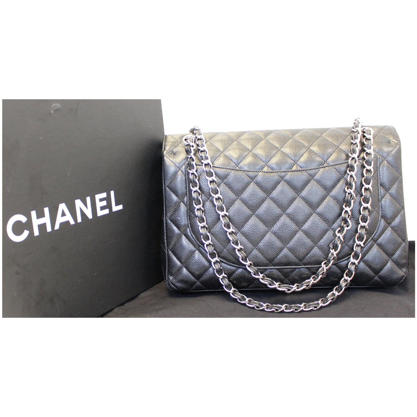 CHANEL Maxi Caviar Leather Jumbo Double Flap Shoulder Bag Black