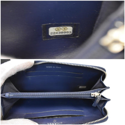 CHANEL Large Gusset Caviar Chevron Quilted Zip Around Wallet Bright Blue