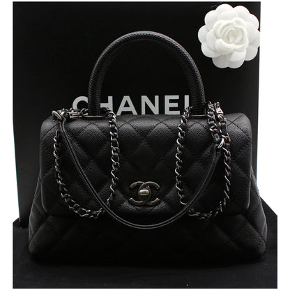 CHANEL Coco Mini Top Lizard Handle Caviar Leather Shoulder Bag Black