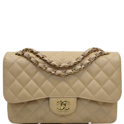 CHANEL Jumbo Double Flap Caviar Leather Shoulder Bag Beige
