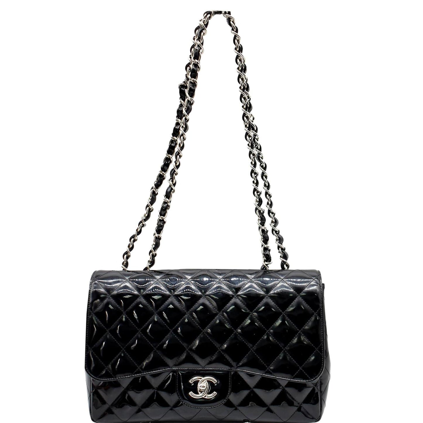CHANEL Jumbo Single Flap Patent Leather Shoulder Bag Black