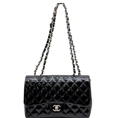 CHANEL Jumbo Single Flap Patent Leather Shoulder Bag Black