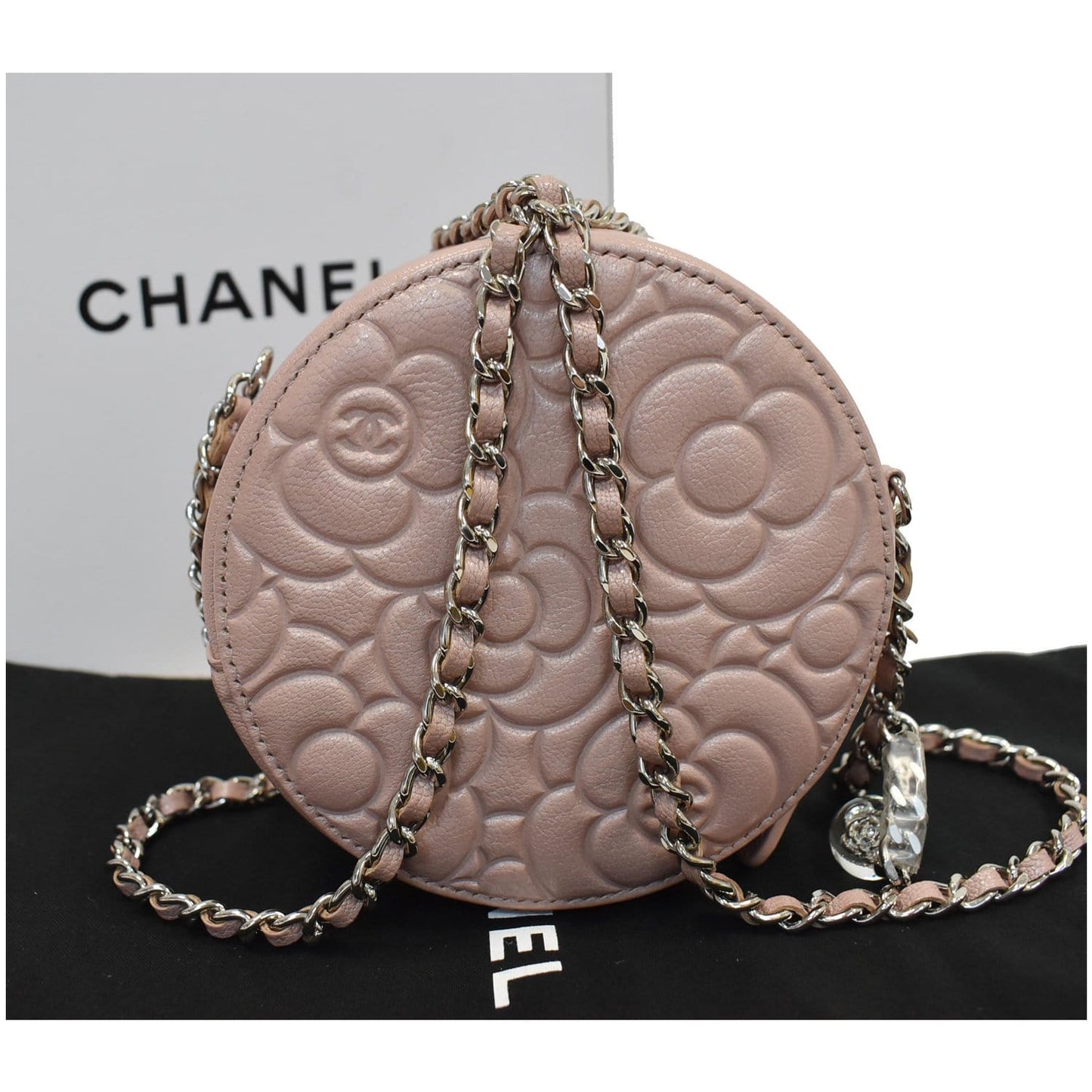 CHANEL Camellia Round Leather Crossbody Bag Light Pink