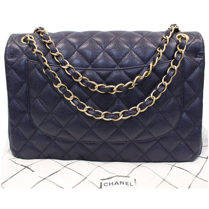 CHANEL Jumbo Double Flap Caviar Leather Shoulder Bag Navy Blue