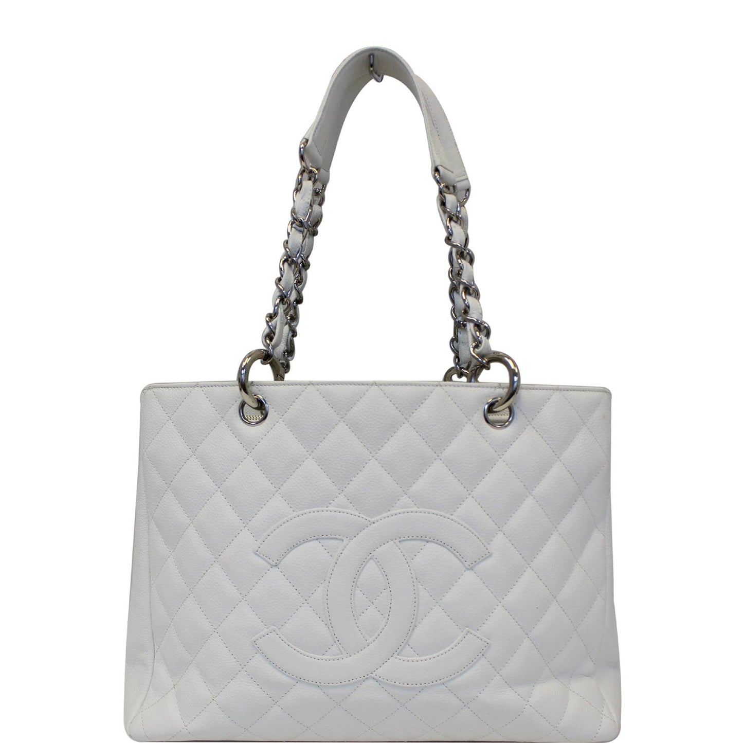CHANEL Grand Shopping Quilted Caviar Leather Tote Bag White
