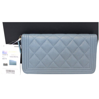 CHANEL Small Boy Long Caviar Leather Zip Around Wallet Blue