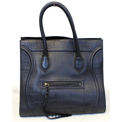 CELINE Medium Phantom Luggage Croc Stamped Embossed Leather Tote Bag Black