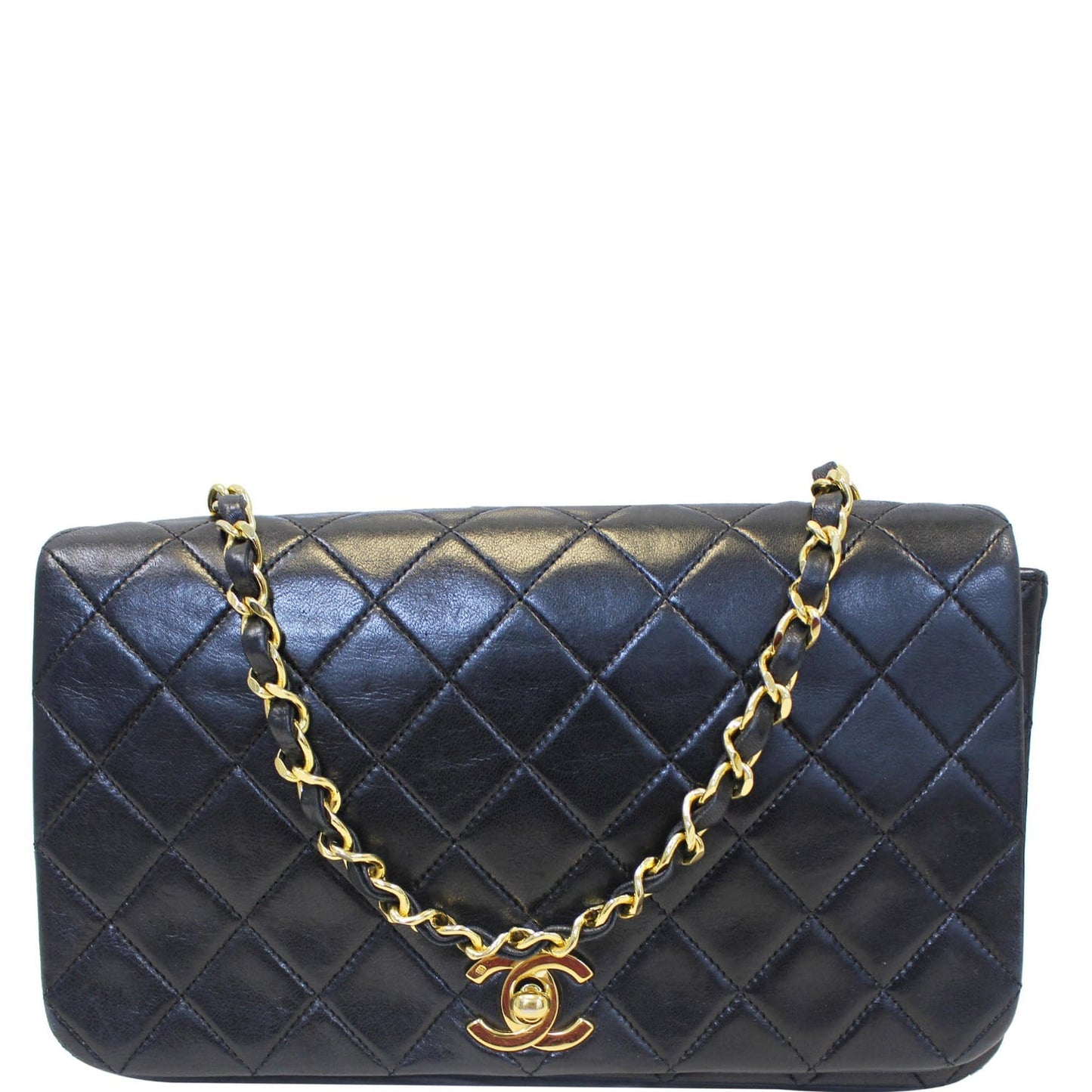 CHANEL Vintage Single Flap Quilted Lambskin Shoulder Bag Black