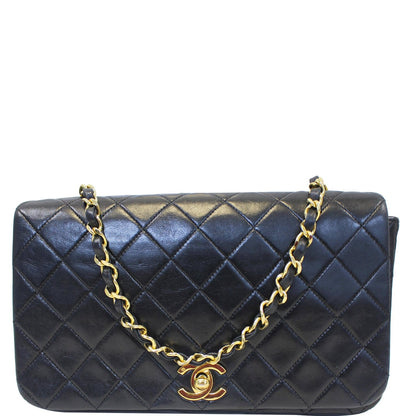 CHANEL Vintage Single Flap Quilted Lambskin Shoulder Bag Black