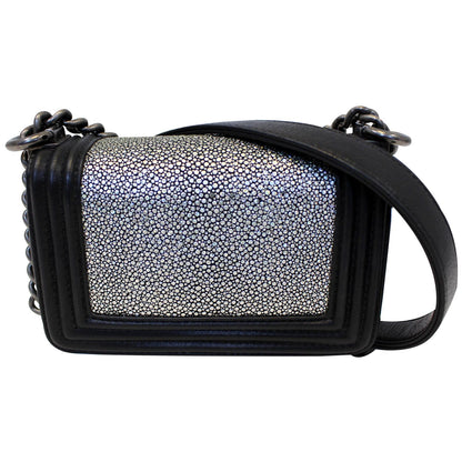 CHANEL Mini Boy Galuchat Stingray Flap Bag Black Silver