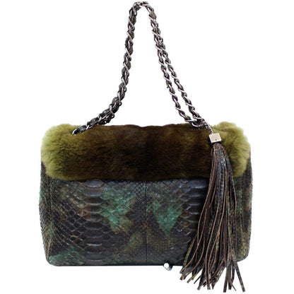 CHANEL Jumbo Classic Fur and Python Leather Flap Shoulder Bag Green - 25% OFF