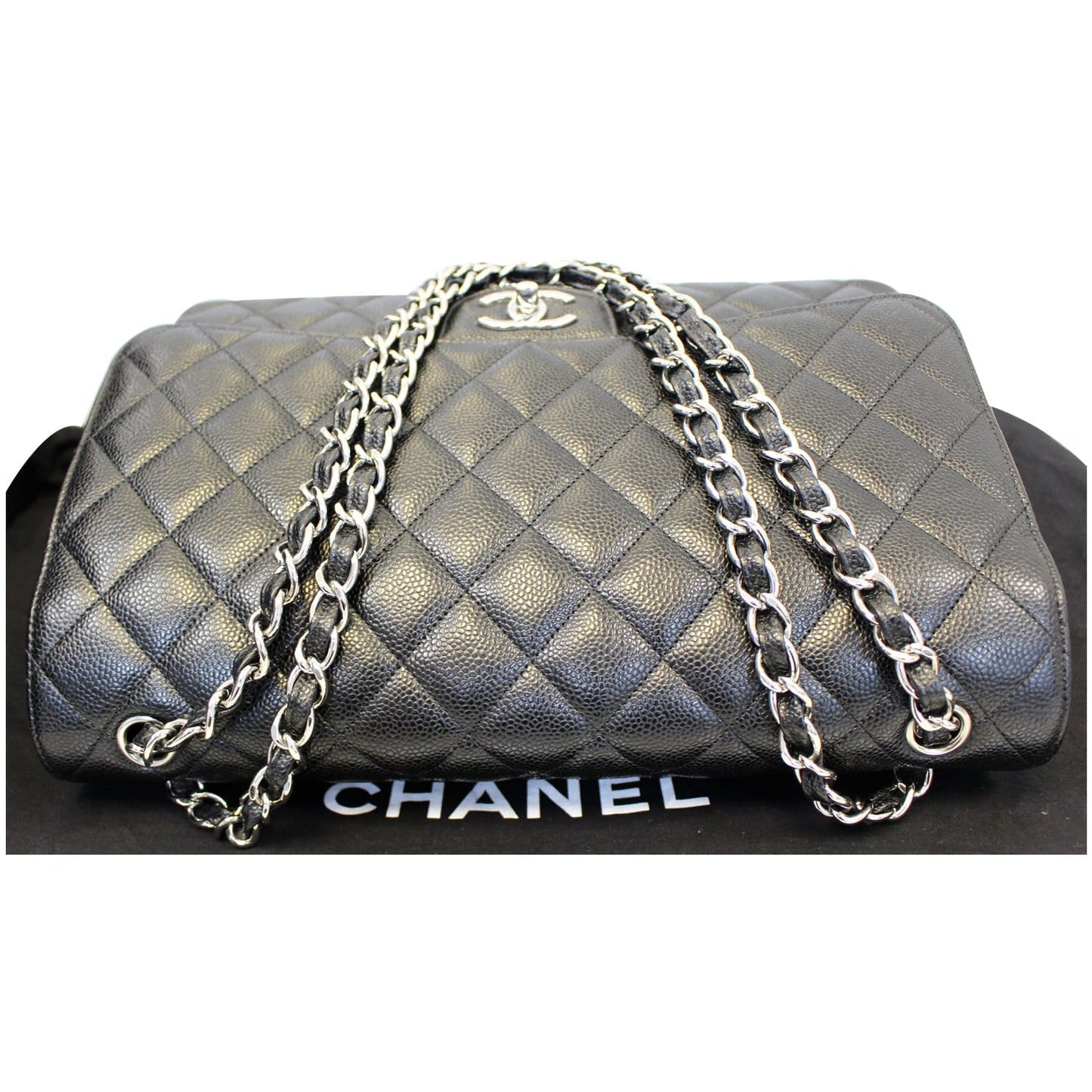 CHANEL Maxi Caviar Leather Jumbo Double Flap Shoulder Bag Black