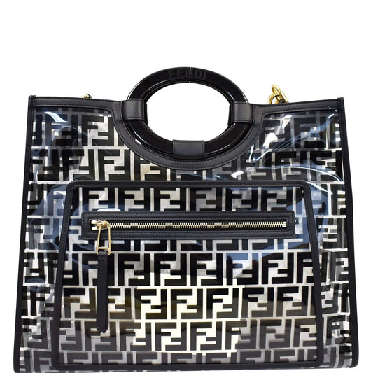 FENDI Runaway Shopper Medium TPU FF Leather Tote Bag Black