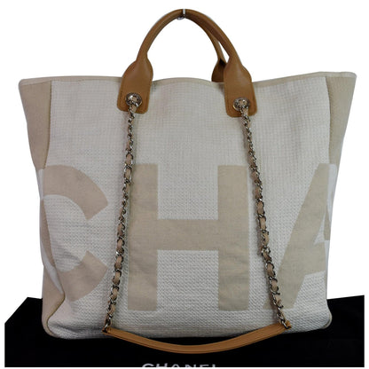 CHANEL 18P Deauville 2Way Logo Chain Shopping Tote Bag Beige