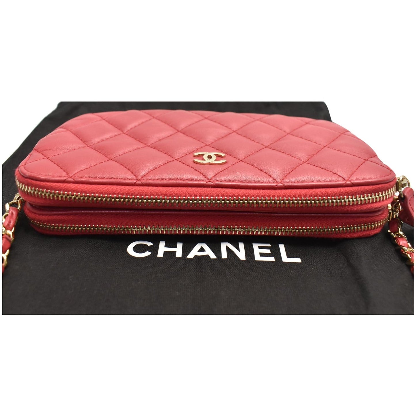 CHANEL Double Zip Wallet On Chain WOC Lambskin Shoulder Bag Red