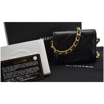 CHANEL 19 Flap Coin Purse Quilted Goatskin Chain Crossbody Bag Black
