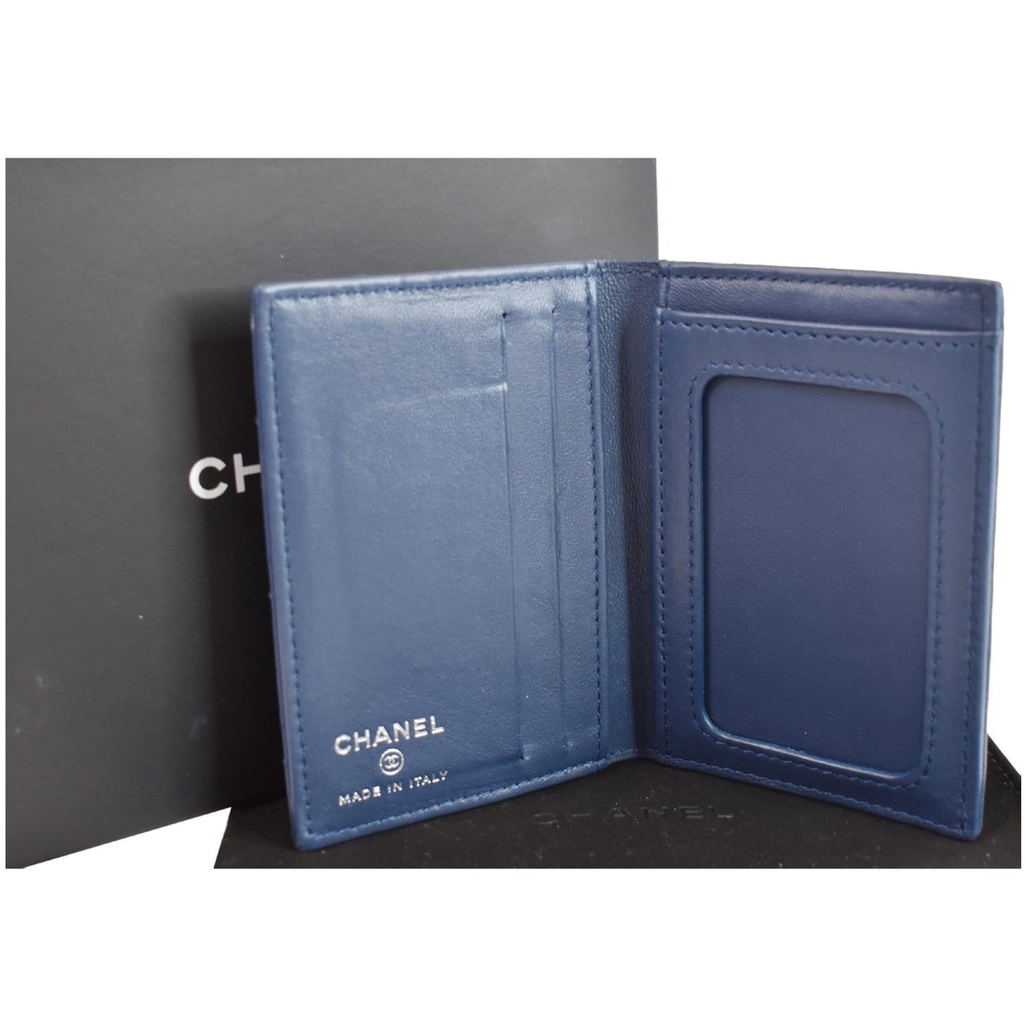 CHANEL Classic Folded Leather Card Holder Wallet Blue