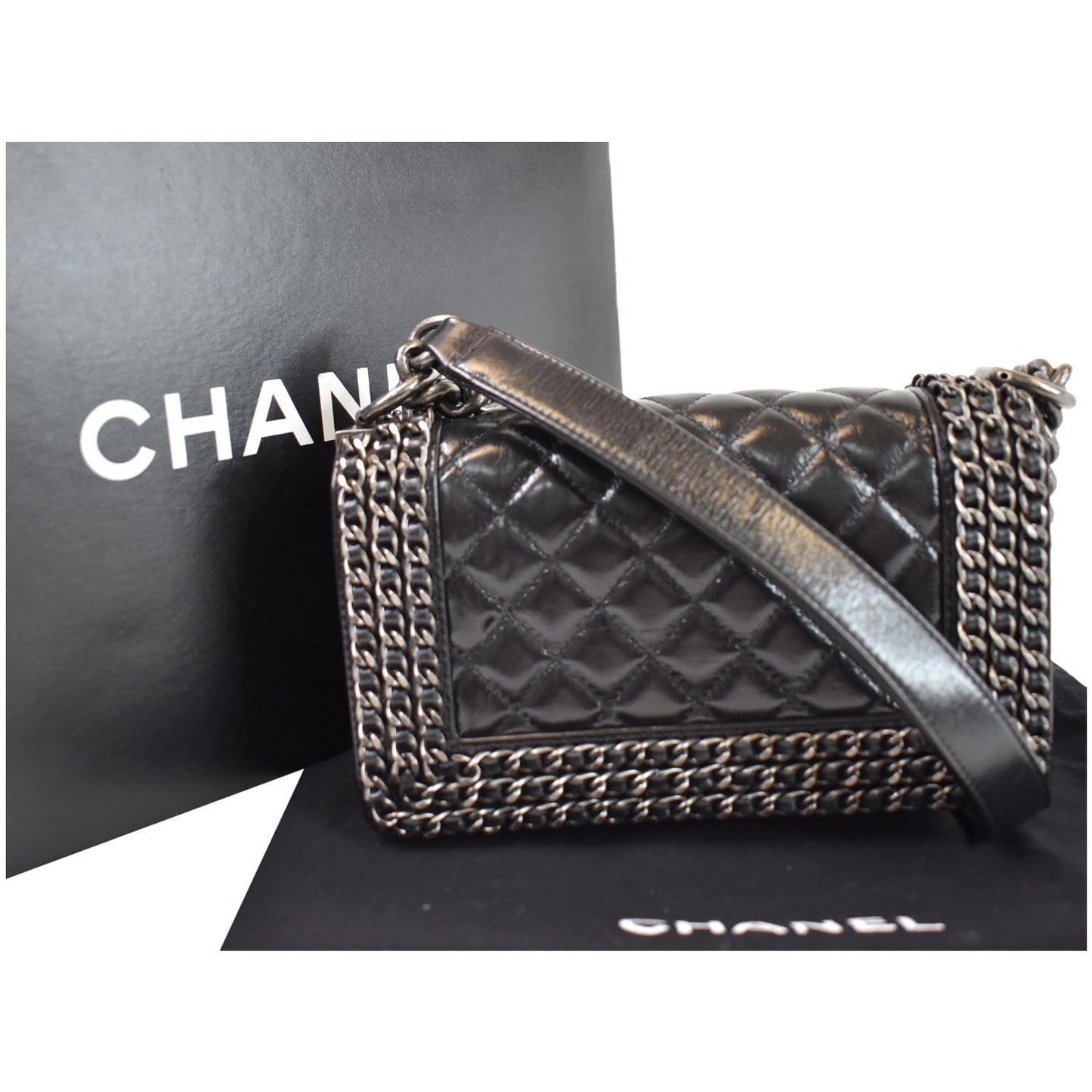 CHANEL Small Boy Embellished Chain Lambskin Shoulder Bag Black