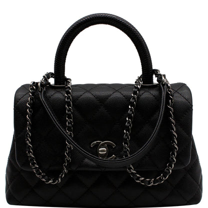 CHANEL Coco Mini Top Lizard Handle Caviar Leather Shoulder Bag Black