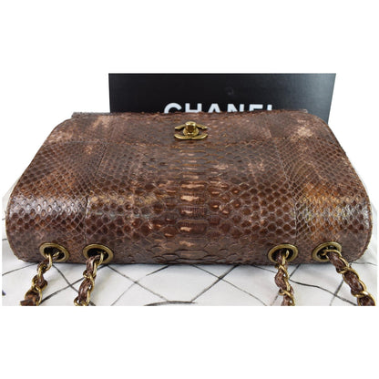 CHANEL Timeless Classic Flap Python Shoulder Bag Brown