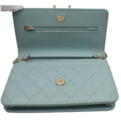 CHANEL CC WOC Caviar Leather Wallet On Chain Shoulder Bag Light Blue