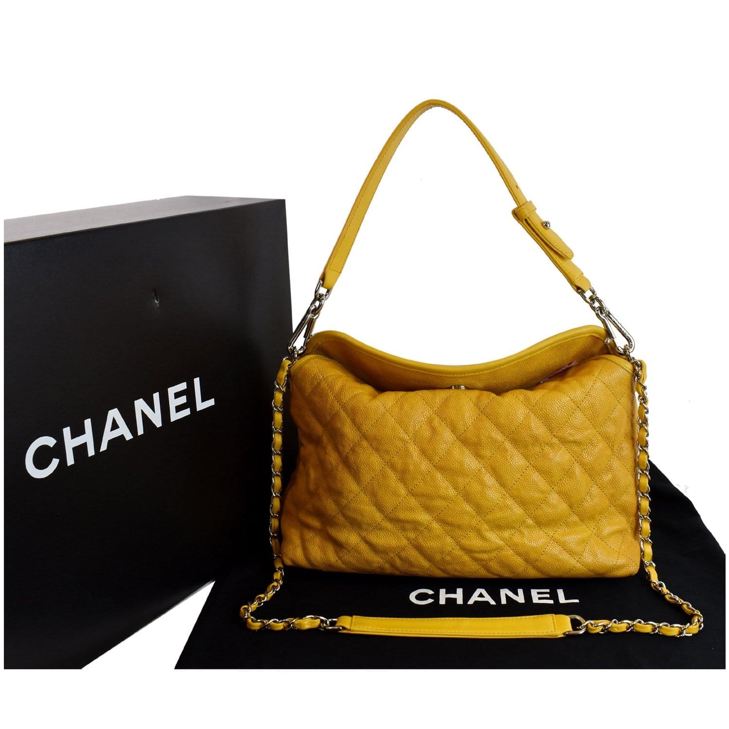 CHANEL French Riviera Quilted Caviar Leather Hobo Bag Yellow
