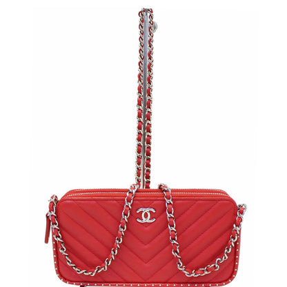 CHANEL Chevron Studded with Chain Lambskin Leather Shoulder Crossbody Bag Red