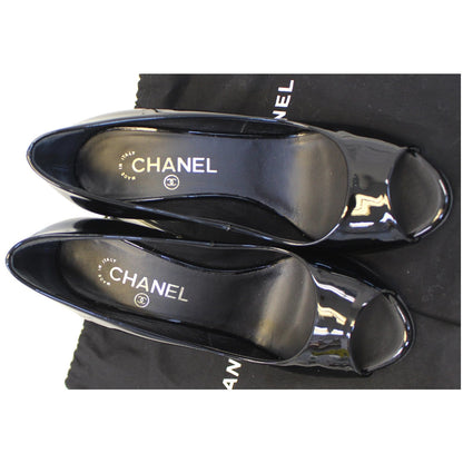 CHANEL Black Leather Open Toe Pumps 39.1/2 Black