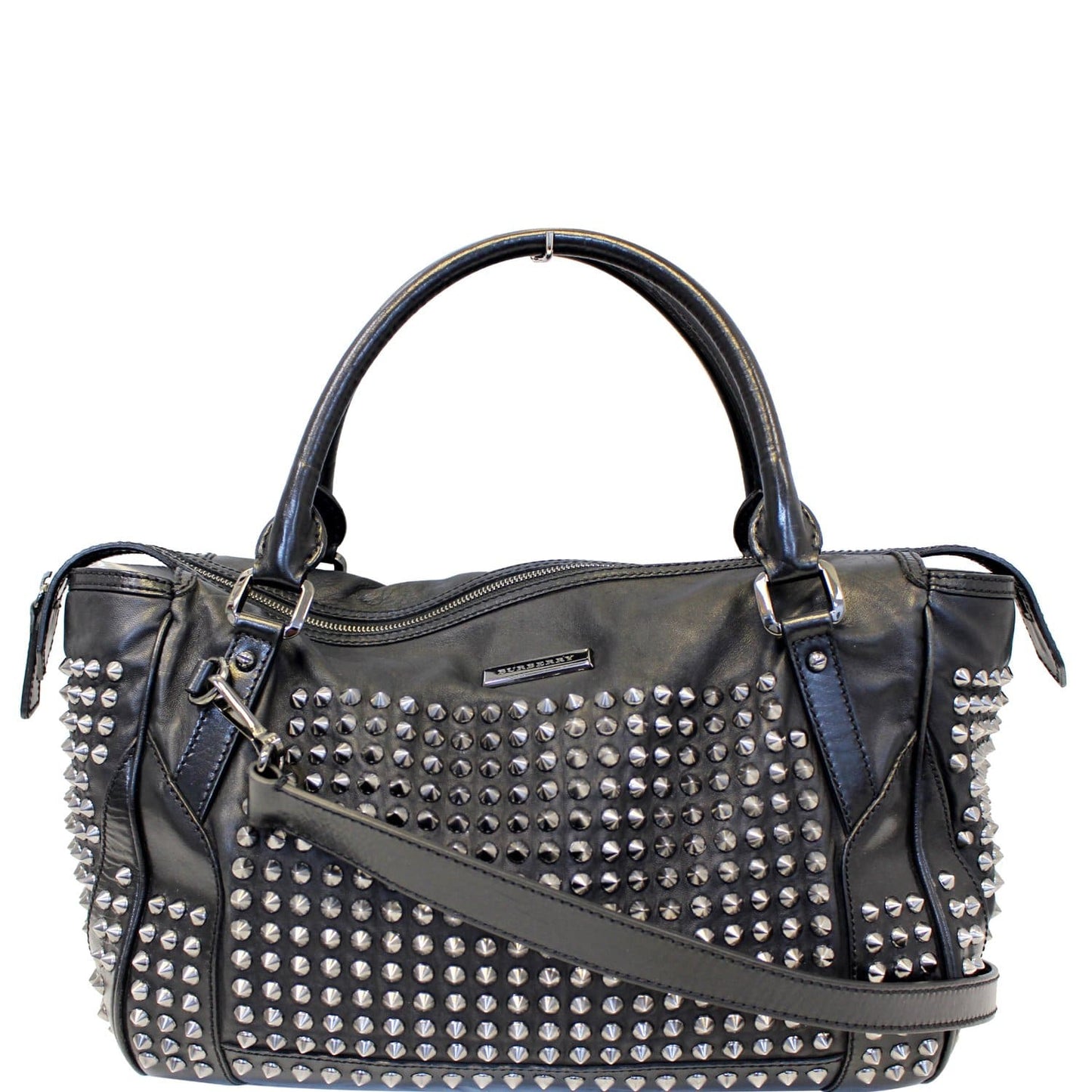 BURBERRY Studded Leather Satchel Shoulder Bag Black