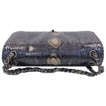 CHANEL Timeless Classic Double Flap Python Shoulder Bag Navy Blue