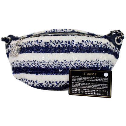 CHANEL Sequin Fanny Pack Leather Waist Bag Blue/White