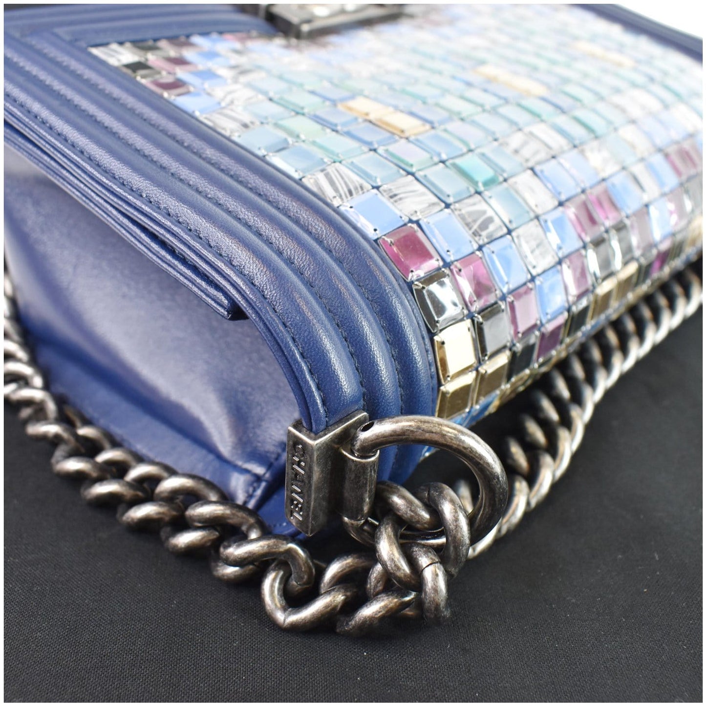 CHANEL Mosaic Large Boy Quilted Lambskin Shoulder Bag Blue
