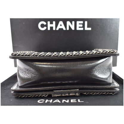 CHANEL Small Boy Embellished Chain Lambskin Shoulder Bag Black