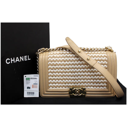 CHANEL BOY Braided Lambskin Leather Shoulder Bag Beige