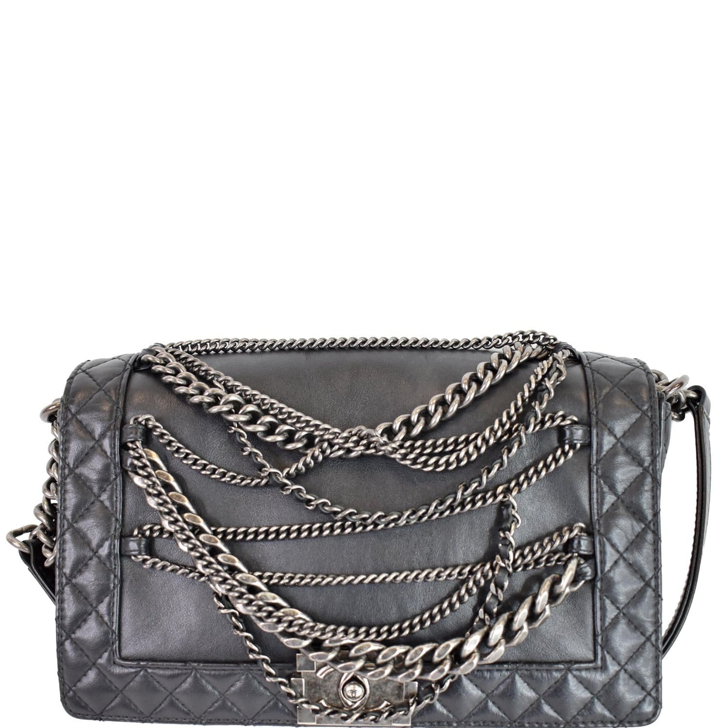 CHANEL Boy Enchained Medium Calfskin Leather Flap Shoulder Bag Black