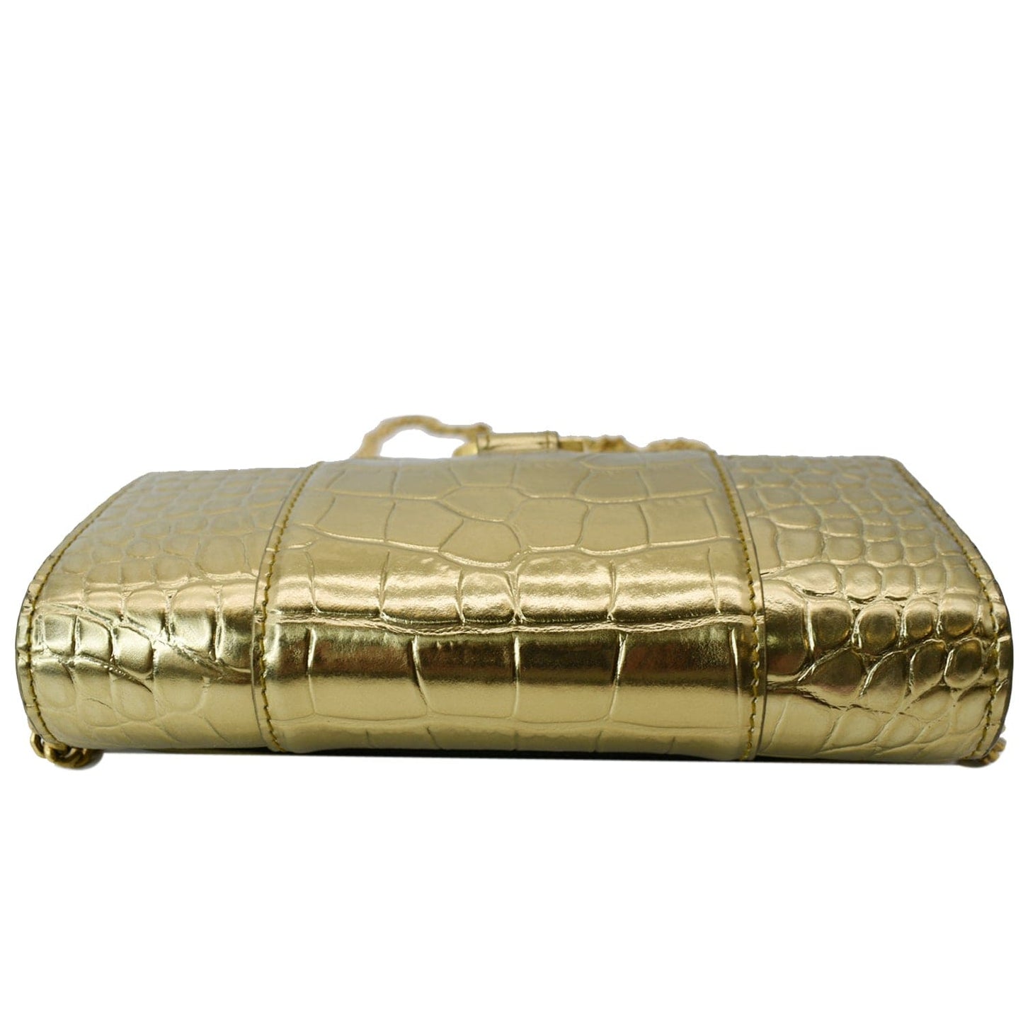 BALENCIAGA Hourglass Metallized Crocodile Embossed Wallet on Chain Crossbody Bag Gold