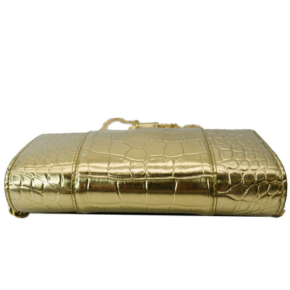 BALENCIAGA Hourglass Metallized Crocodile Embossed Wallet on Chain Crossbody Bag Gold