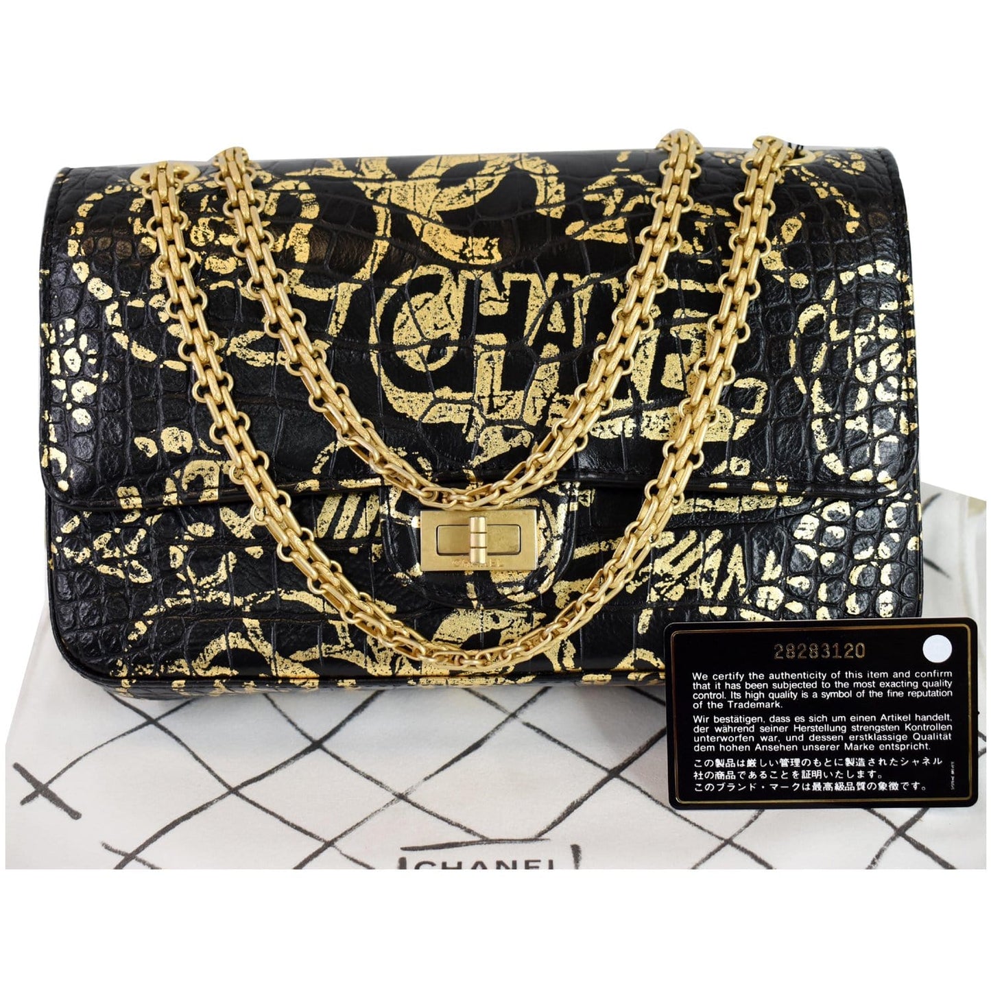 CHANEL Reissue 2.55 Flap Crocodile Embossed Graffiti Shoulder Bag Black
