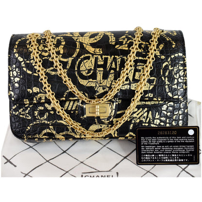 CHANEL Reissue 2.55 Flap Crocodile Embossed Graffiti Shoulder Bag Black