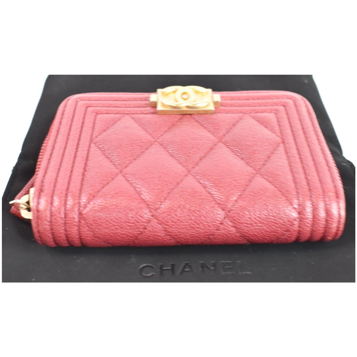 CHANEL Boy Zip Around Caviar Coin Purse Wallet Red